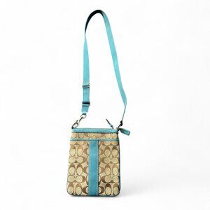 Coach Signature Canvas Leather Swingpack Crossbody bag in brown and teal